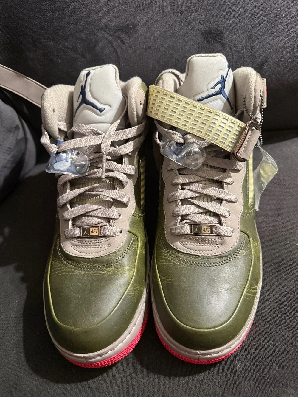 Jordan Olive Green and Beige High-Top Sneakers with Red Outsoles
